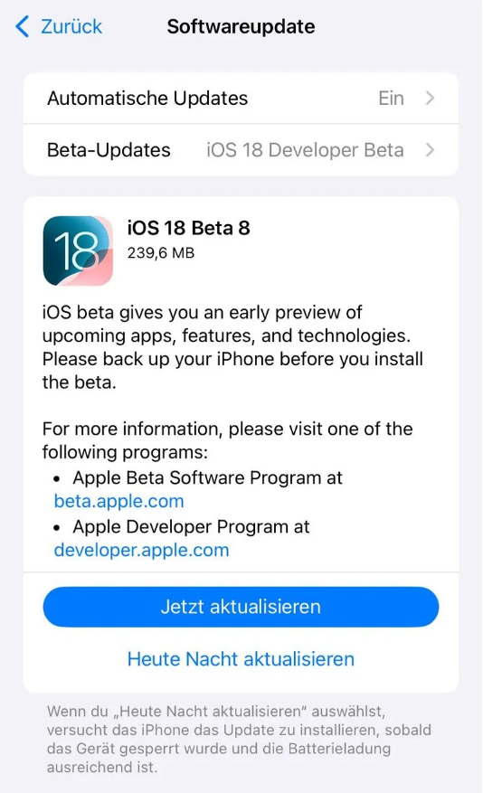 吉州苹果手机维修分享苹果 iOS / iPadOS 18 开发者预览版 Beta 8 发布 